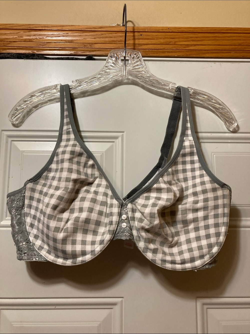 Grey Gingham Underwire Bra with Lace Trim 40D